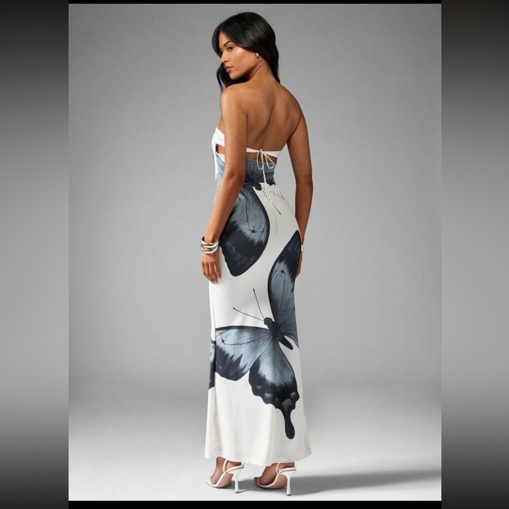 77) MISSGUIDED Butterfly Print Strapless  Bodycon maxi dress NWT large - Picture 2 of 6